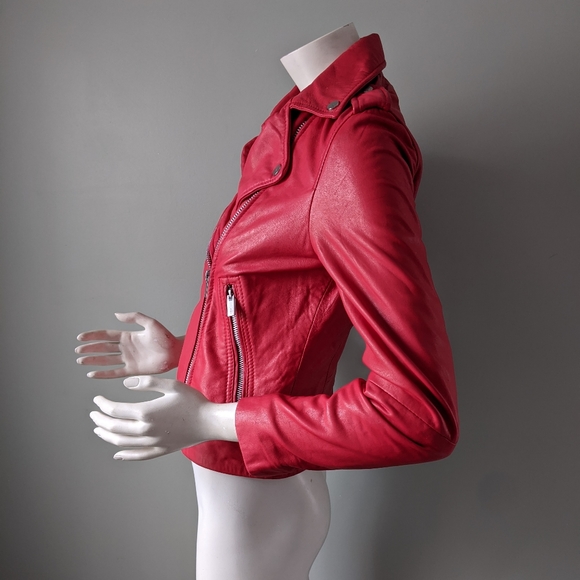 Mango Fire Engine Red Leather Motorcycle Jacket S - Picture 8 of 10